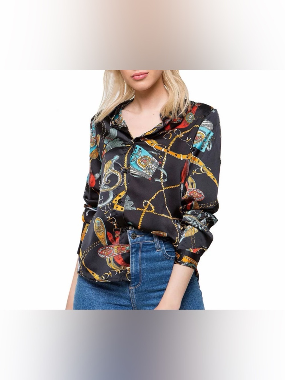 boohoo Chain Print Oversized Satin Button-Up Blouse Black Long Sleeve Size 20